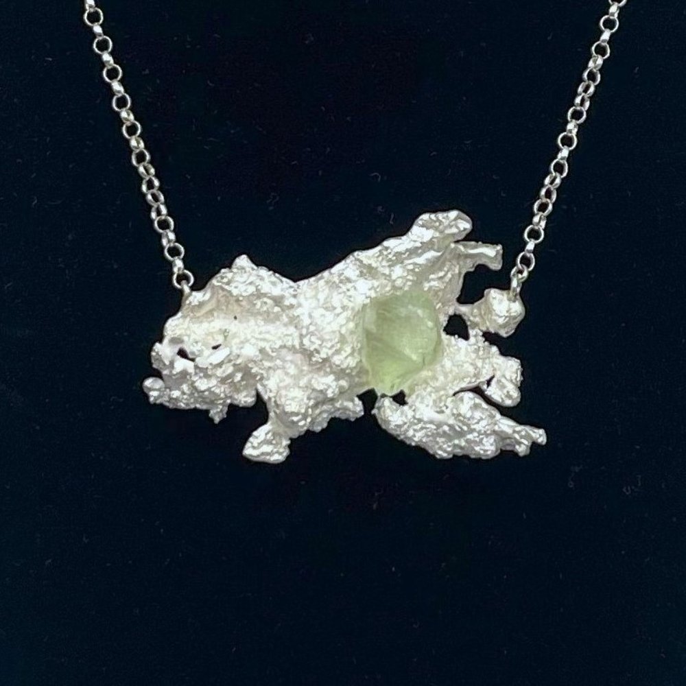Silver Nugget Pendant Necklace with Light Green Stone